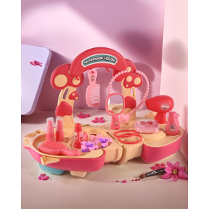 Casa hongo convertible en salón de belleza infantil con accesorios de maquillaje y peluquería